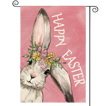 AVOIN colorlife Pink Happy Easter Bunny Garden Flag 12x18 Inch Outside - color: Pink, size: Garden Size-12 x 18"