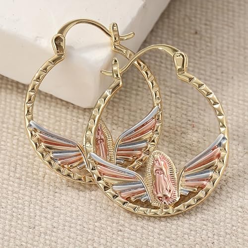 Tri-Color Our Lady of Guadalupe Hoop Earrings for Women Religious Jewelry - color: Three Tone