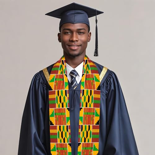 Kente Graduation Stole Class of 2026, 72 x 5.1 in African Print Sash with 3D Gold Embroidery and Gold Fringe - color: C2