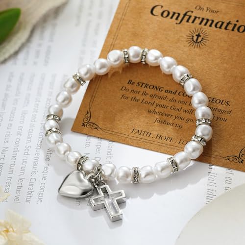 Eaciy First Communion Gifts for Girls - 14K Whited Gold Plated Cross Heart Bracelet First Baptism Communion Communion Bracelet Gifts for Teen Girls - color: First Communion