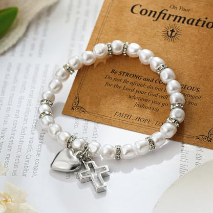 Eaciy First Communion Gifts for Girls - 14K Whited Gold Plated Cross Heart Bracelet First Baptism Communion Communion Bracelet Gifts for Teen Girls - color: First Communion