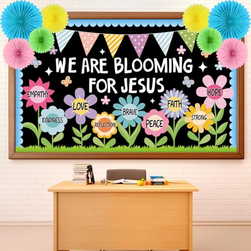 Christian Religious Bulletin Board Set Summer Floral Sunday School Classroom Decoration Positive Paper Fans 3D DIY We are Blooming for Jesus Cutouts for Church VBS Chalkboard Wall Prayer Board Decor - style: We are Blooming for Jesus