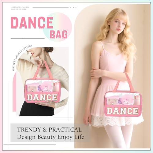 Dance Bag for Girls Chenille Letter Clear Makeup DANCE Stuff Shoe Bag,Toddler Dance Recital Gifts Ballet Cosmetic Zipper with Handle,Dance Competition Accessories Toiletry Storage Women(DANCE-Pink) - color: DANCE-Pink