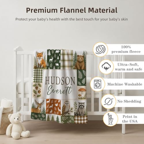 Personalized Woodland Baby Blanket, Custom Forest Animal Baby Blanket - color: Green #11