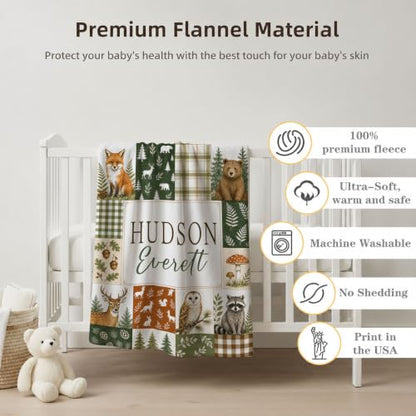 Personalized Woodland Baby Blanket, Custom Forest Animal Baby Blanket - color: Green #11