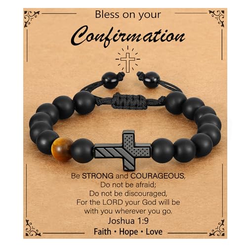 P. BLAKE Cross Bracelet for Boys Men, American Flag Cross Natural Beads Bracelet Christian Religious Birthday Jewelry Gifts for Teen Boys - style: Confirmation