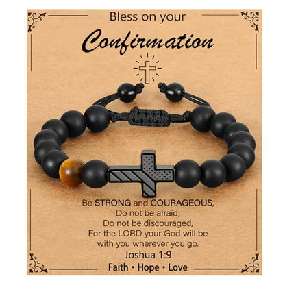 P. BLAKE Cross Bracelet for Boys Men, American Flag Cross Natural Beads Bracelet Christian Religious Birthday Jewelry Gifts for Teen Boys - style: Confirmation