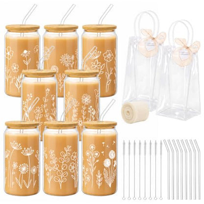 Iced Coffee Mugs, 8 Sets, Glass, 16 oz, Reusable, Floral White - color: White Floral