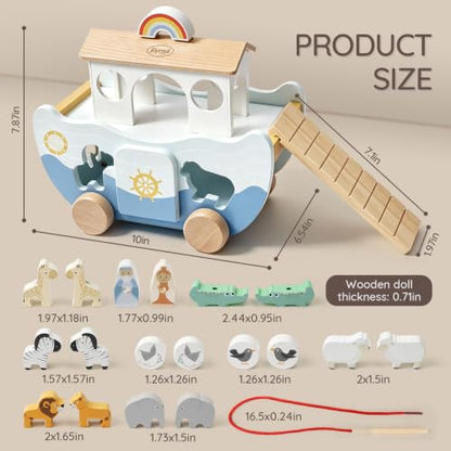 Joyreal Wooden Noah's Ark Toy for 1 Year Old Baby Boy and Girl Baptism Gift - color: Neutral