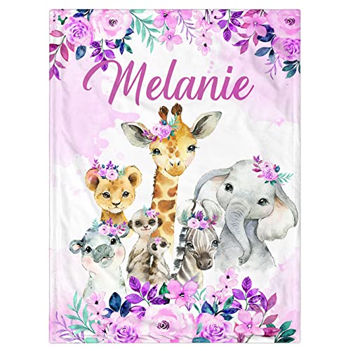 Personalized Baby Blanket for Girls, Custom Baby Blanket with Name Super Soft Personalized Name Blankets for Kids, Custom Animal Blankets for Infant Toddler for Birthday - color: Flowers and Animals