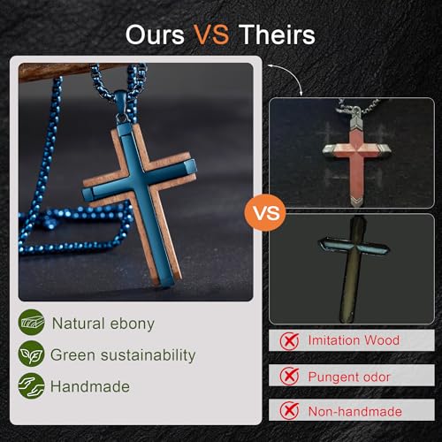 Wooden Cross Necklace for Men With Stainless steel And Black Ebony Adjustable Box Chain 24–26 inches Suitable for Everyday Wear And Christian Gifts for Men - color: Blue