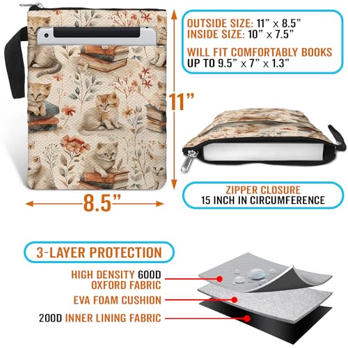 Cat Pattern Book Sleeve Bag Gift for Lovers & Librarians. Padded Book Cover Bag with Zipper & Front Pocket for Paperbacks. Washable Fabric, 11 x 8.5 Inch - color: 1. Cat Pattern