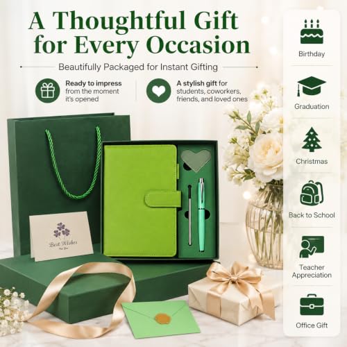 A5 Leather Journal for Women Men, Hardcover Notebook Set with Pen, green - color: green