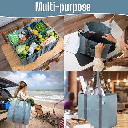 VENO 4 Pack Large Grocery Bag Reusable Shopping Bags with Hard Bottom - color: Light Blue
