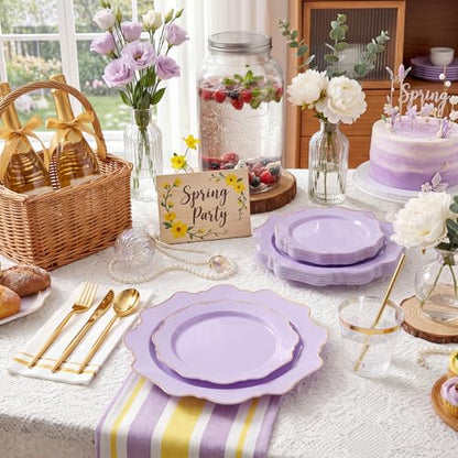 WDF 175Pcs Purple Plates Disposable - Lavender Plastic Plates 25guest Plastic Dinnerware Ideal for Birthday Party/Wedding/Holidays - color: Purple and Gold, size: 175 pieces