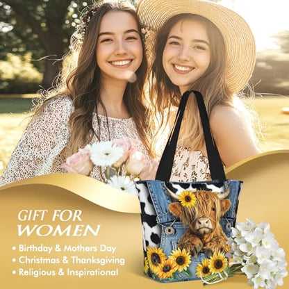 Bible Tote Bags For Women Religious Church Bag Christian Tote Bags Inspirational For Women Organizer Christian Gift - color: Highland Cow