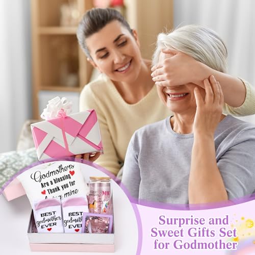 Pickmesh 7 Pack Godmother Gifts for Women Birthday, God-mother Appreciation Gifts from Godchild, Godmother Are a Blessing Tote Bag, Makeup Bag, 16 oz Glass Cup, Socks, Card, Stone Bracelet with Box - style: Godmother