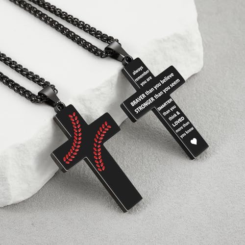 Baseball Cross Necklace for Men, Bible Verse Pendant Gifts for Birthday Christmas, Baptism Christian Religious Baseball Accessories Stuff Gifts - color: Black, style: Always Remember