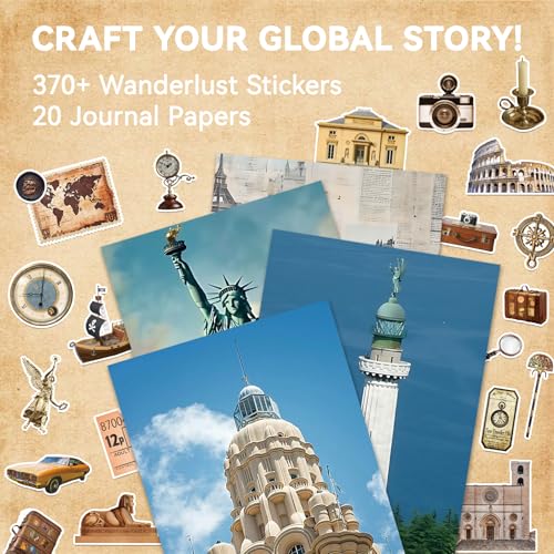 52 Sheets World Travel Stickers & Scrapbook Paper Set - Vintage Travel Themed for Scrapbooking Journaling Junk Journal Planner - Retro Adventure Stickers for DIY Crafts - color: Travel Scrapbook Stickers, style: Art Deco