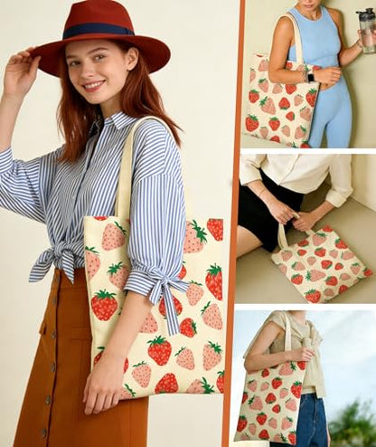 Women's Canvas Tote Bags with Inner Pockets & Metal Snap, Reusable Tote Bag for Girl's Vacation Travel Gym Shopping - color: Pink Strawberry