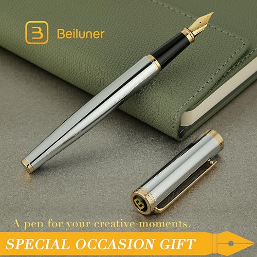 BEILUNER Silver Chrome Fountain Pen,Stunning Luxury with 24K Gold Accents, Gorgeous 24K Gilded Nib(Medium), Fancy Pen Gift for Men&Women -Ink Converter-Elegant, Office,Nice Pen for Writing - color: Silver Chrome and Gold Finish, style: Medium Nib