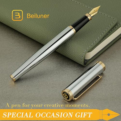 BEILUNER Silver Chrome Fountain Pen,Stunning Luxury with 24K Gold Accents, Gorgeous 24K Gilded Nib(Medium), Fancy Pen Gift for Men&Women -Ink Converter-Elegant, Office,Nice Pen for Writing - color: Silver Chrome and Gold Finish, style: Medium Nib
