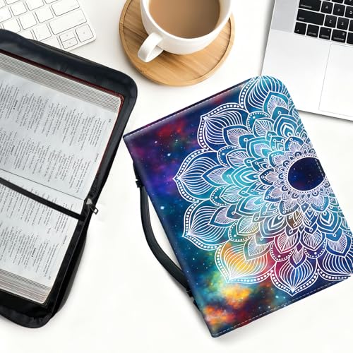 Bible Cover for Women Large PU Leather Zippered Bible Case with Handle and Galaxy Mandala Design, Christian Bible Cover for Girls & Women, Cover Fits Standard 9.5"x7.5"x2.3" Bible - color: Galaxy Mandala