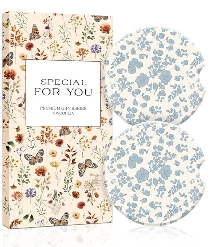Swooflia Floral Absorbent Ceramic Car Coasters Set of 2, Cute Botanical Wildflower Cup Holder Coasters for Car, Blue Flower Car Accessories for Women, Unique Gifts for Mom, Friends, Teachers Coworkers - color: Blue