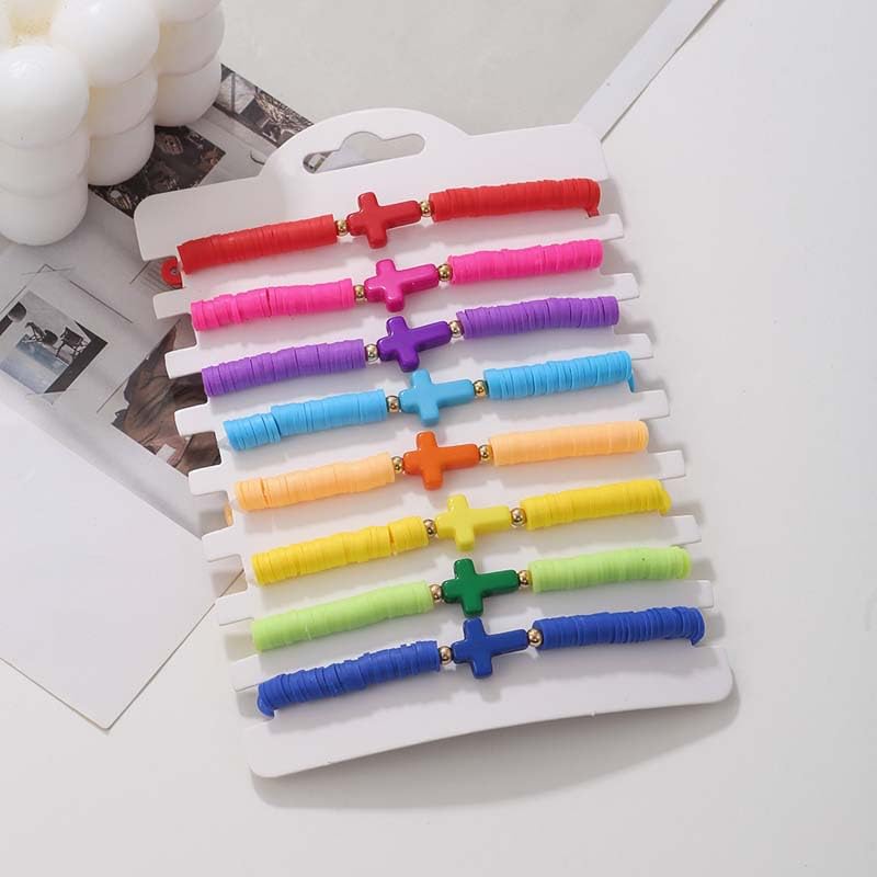Caiyao 8Pcs Cross Bracelets Bohemian Rainbow Polymer Clay Cross Stretch Bracelets Colorful Stackable Cross Beads Elastic Bracelet for Women Summer Beach Friendship Jewelry Gifts - color: 8pcs 1