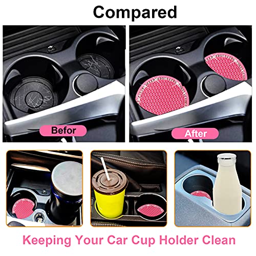 2PCS Bling Car Cup Coaster, 2.75 Inch Auto Cup Holder Insert Coasters Silicone Anti-Slip Crystal Rhinestone Drink Mat, Universal Vehicle Interior Accessories for Women Girls (Pink) - color: pink, size: 2pack