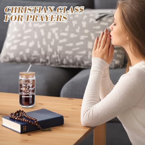 Tioncy 8 Pcs Christian Gifts for Women 16oz Bible Verse Coffee Drinking Glass Cups with Bamboo Lids Straws Brushes Inspirational Religious Gifts for Church Christian Party Favor - style: Bible