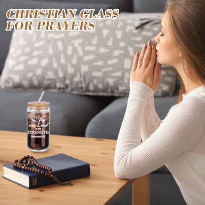 Tioncy 8 Pcs Christian Gifts for Women 16oz Bible Verse Coffee Drinking Glass Cups with Bamboo Lids Straws Brushes Inspirational Religious Gifts for Church Christian Party Favor - style: Bible