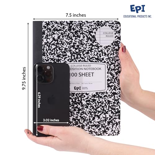 4 Pack - EPI College Ruled Composition Notebook Black - 200 Pages (100 Sheets), 9-3/4 x 7-½ - Classroom Back to School Supplies, Heavy Duty, Durable Hardcover Office Notebooks, Sewn - size: Pack of 4, style: College Ruled