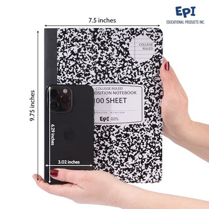 4 Pack - EPI College Ruled Composition Notebook Black - 200 Pages (100 Sheets), 9-3/4 x 7-½ - Classroom Back to School Supplies, Heavy Duty, Durable Hardcover Office Notebooks, Sewn - size: Pack of 4, style: College Ruled