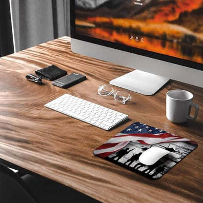 Patriotic Military Silhouettes Mouse Pad, US Waving Pride Flag Desk Mat - color: Custom Designs Art 031