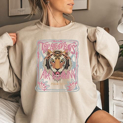 FITIN Unisex The Heavens Are Roaring Psalm 19:1 Sweatshirt – Christian Tiger Graphic Faith Crewneck - color: Sand, size: Medium
