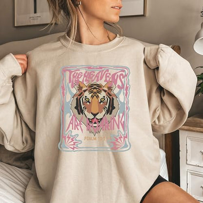 FITIN Unisex The Heavens Are Roaring Psalm 19:1 Sweatshirt – Christian Tiger Graphic Faith Crewneck - color: Sand, size: Medium