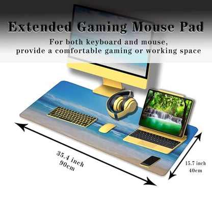 Desktop Mouse Pad Blue Full Desk Mat Large Mouse Pads Desktop Mats Large Mouse Mat Non-Slip Rubber Base Waterproof with Stitched Edges 35.4" X 15.7" for Game Office, Sea Water and Beach - color: Blue Sea Water And Beach