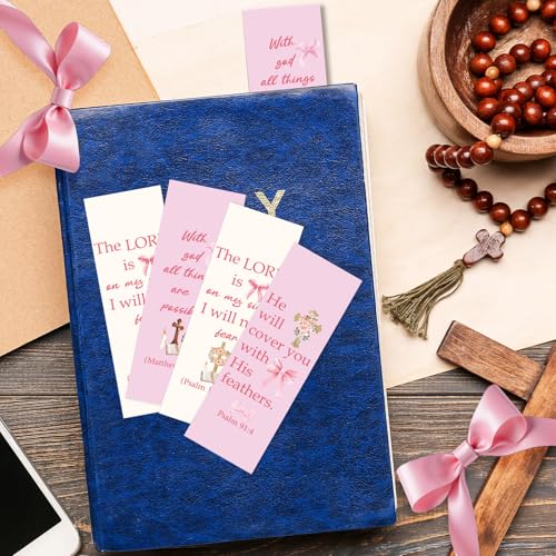 100 Pcs Christian Bookmarks, Religious Pink Bow Cross Flower Paper Bookmark Bulk for Women, Inspirational Bible Verse Book Mark Gift for Reading Lovers Church Accessories - color: Christian B