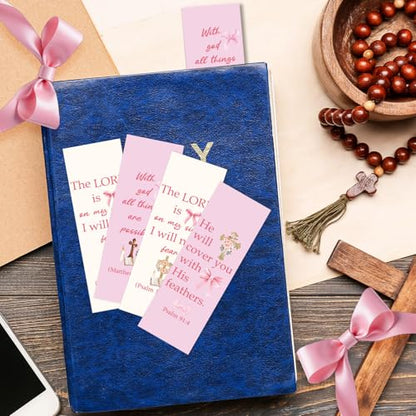 100 Pcs Christian Bookmarks, Religious Pink Bow Cross Flower Paper Bookmark Bulk for Women, Inspirational Bible Verse Book Mark Gift for Reading Lovers Church Accessories - color: Christian B