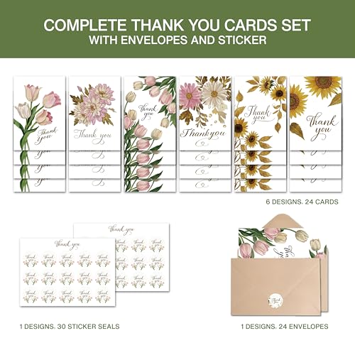 Thank You Cards with Envelopes - 24 Pack 6 Floral Designs Thank You Notes with Envelopes Set, Small Blank Thank You Cards (3.5x5in) for Weddings, Baby Showers & Business