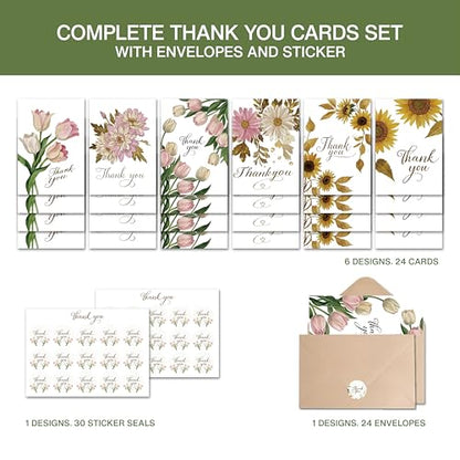 Thank You Cards with Envelopes - 24 Pack 6 Floral Designs Thank You Notes with Envelopes Set, Small Blank Thank You Cards (3.5x5in) for Weddings, Baby Showers & Business