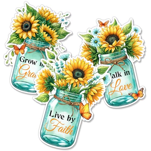 3 Pcs Faith Grace Love Stickers - 3 Inch Christian Sunflower Vinyl Decals - color: Faith Grace Love Stickers