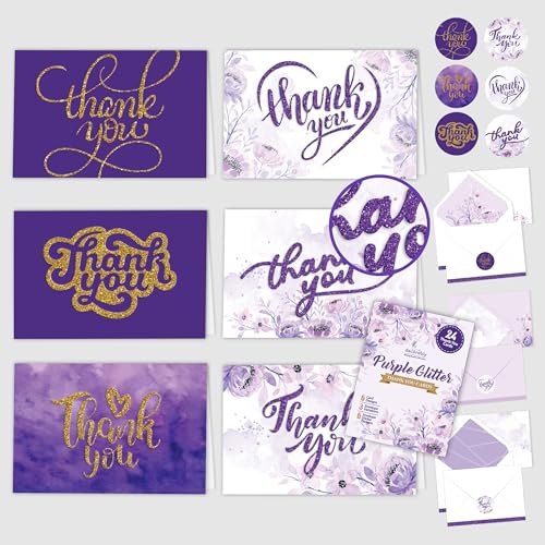 Decorably 24 Pack Glittery 6x4in Purple Thank You Cards with Envelopes - style: Purple
