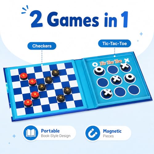 TRAVOFUN Magnetic Checkers Board Game | Travel Games for Kids 8-12 - style: Checkers&Tic-Tac-Toe