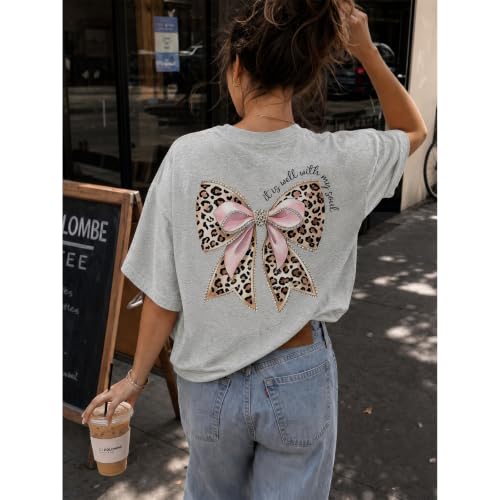 Leopard Bow Shirt Cheetah Bow Shirt Christian Shirts for Women Faith Bible Verse Shirts God Coquette Graphic Tees - color: Light Gray, size: Medium