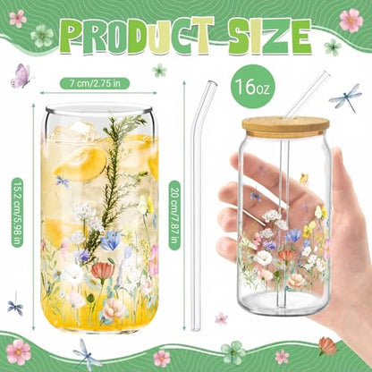 Glass Cups with Lids and Straws, 6Pack, 16oz, Wildflower - style: Wildflower