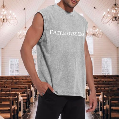 Mens Christian Sleeveless Shirts Faith Over Fear Graphic Tank Tops Gym Workout Acid Wash Tanks Cut Off Muscle Shirt - color: Light Gray, size: XX-Large