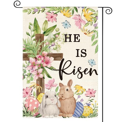 AVOIN colorlife Bunnies Cross He Is Risen Easter Garden Flag 12x18 Inch - size: Garden Size-12 x 18"