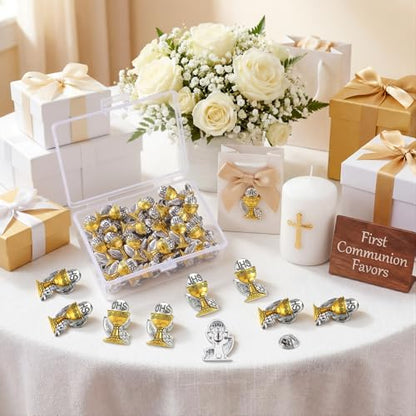 Hoteam 50 Pcs First Communion Enamel Lapel Pins Bulk Chalice with Grapes and Wheat Gold Plated Religious Pins Gifts for First Holy Communion Catholic Baptism Christian Memorial Favors - style: Retro